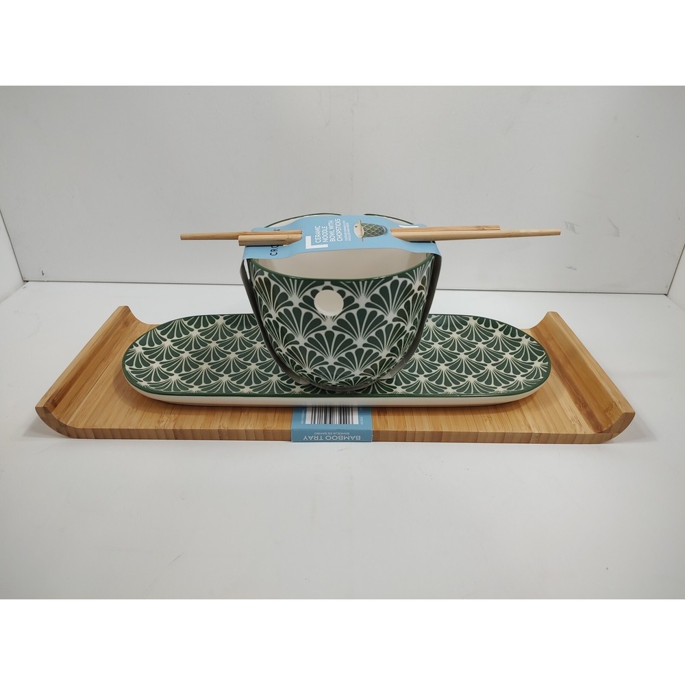 Crofton Stoneware Large Noodle‎ Bowl With Chopstick Holders+Tray+Bamboo Tray.